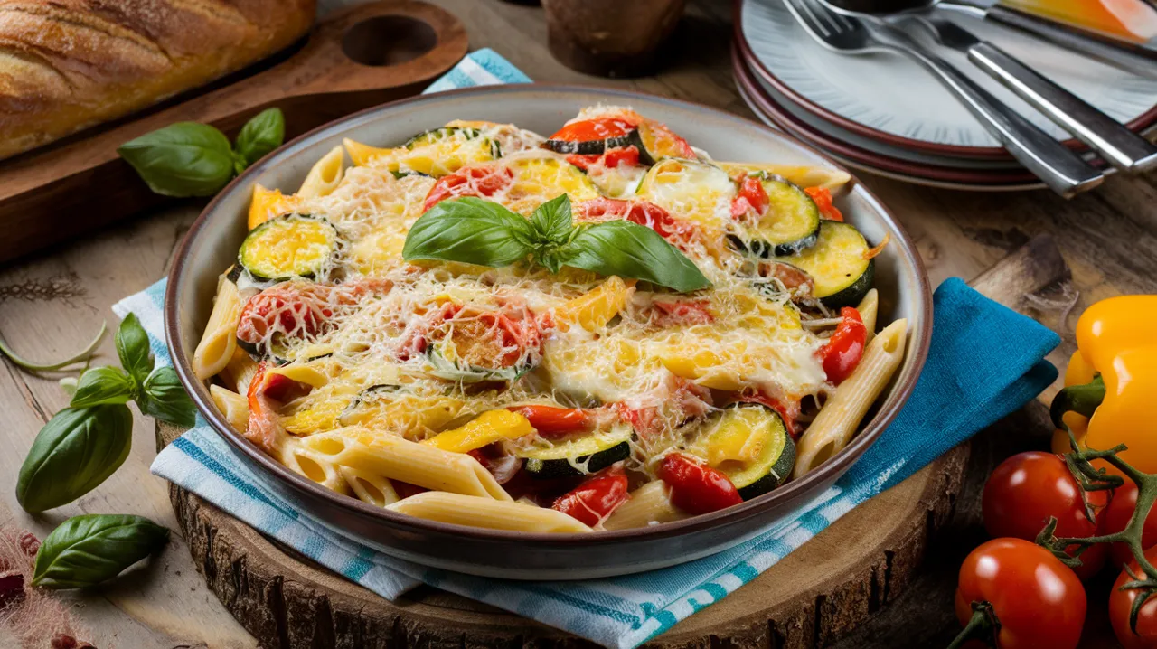 Gratin de penne aux légumes et fromage fondant