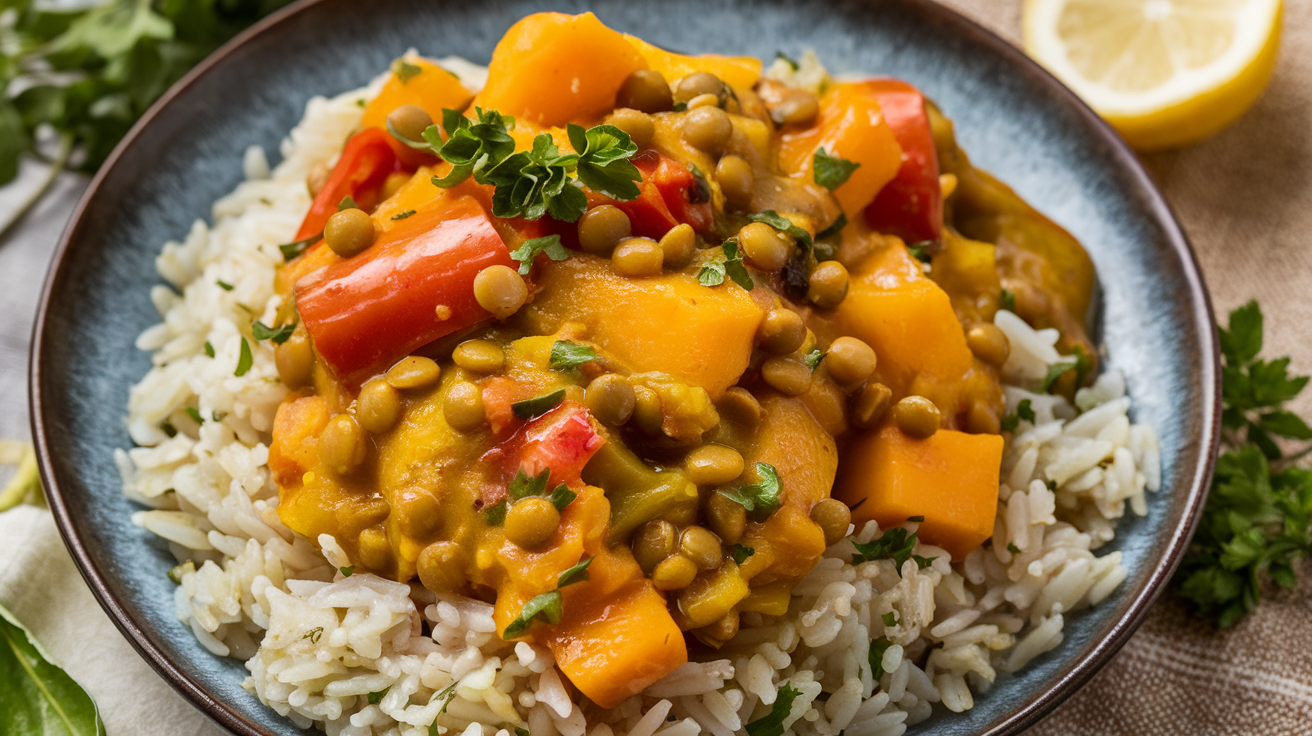 Curry de potimarron, poivron et lentilles