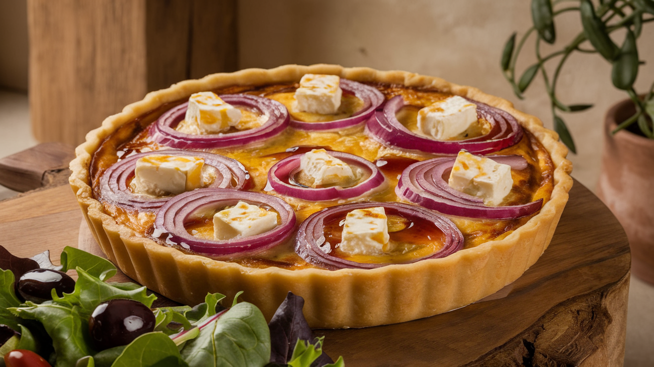 Quiche aux oignons rouges, feta et miel