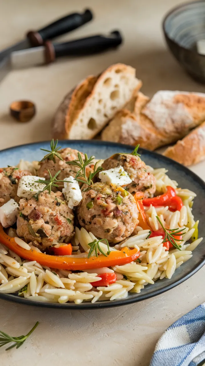Boulettes de poulet à l'orzo, poivrons et feta