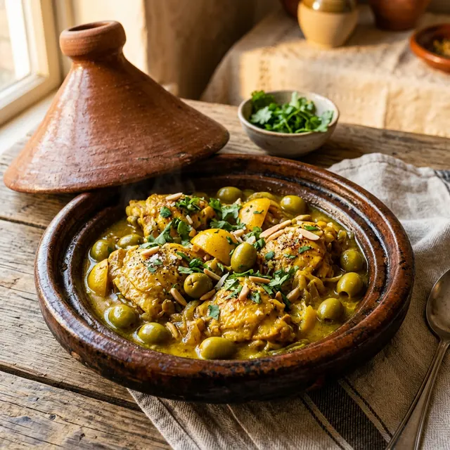Tajine de poulet au citron confit et olives - recette Dîner Moyen